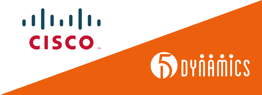Graphic of Cisco's logo and 5 Dynamics' logo