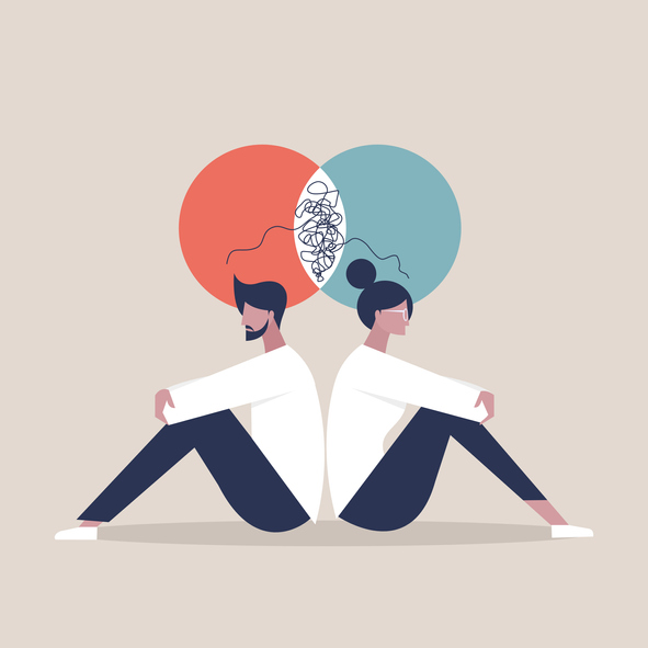 Two people sitting down with their backs to one another with a venn diagram representing conflict above their heads